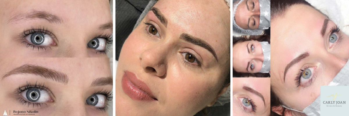 Raster zeigt Microblading-Ergebnisse mit Brown 1 Pigmenttönen auf Augenbrauen bei 3 Frauen Raster zeigt Microblading-Ergebnisse mit Brown 1 Pigmenttönen auf Augenbrauen bei 3 Frauen