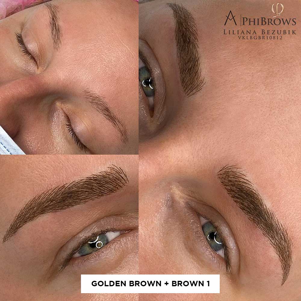 Raster zeigt Microblading-Ergebnisse der Mischung von Brown 1 und Golden Brown bei einer Frau mit grünen Augen Raster zeigt Microblading-Ergebnisse der Mischung von Brown 1 und Golden Brown bei einer Frau mit grünen Augen
