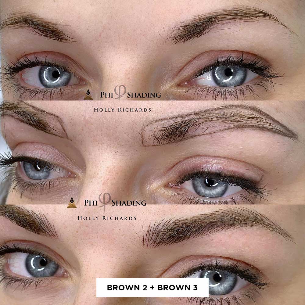 Raster zeigt vorher und nachher Microblading-Ergebnisse der Mischung von Brown 2 und Brown 3 bei einer Frau mit blauen Augen Raster zeigt vorher und nachher Microblading-Ergebnisse der Mischung von Brown 2 und Brown 3 bei einer Frau mit blauen Augen